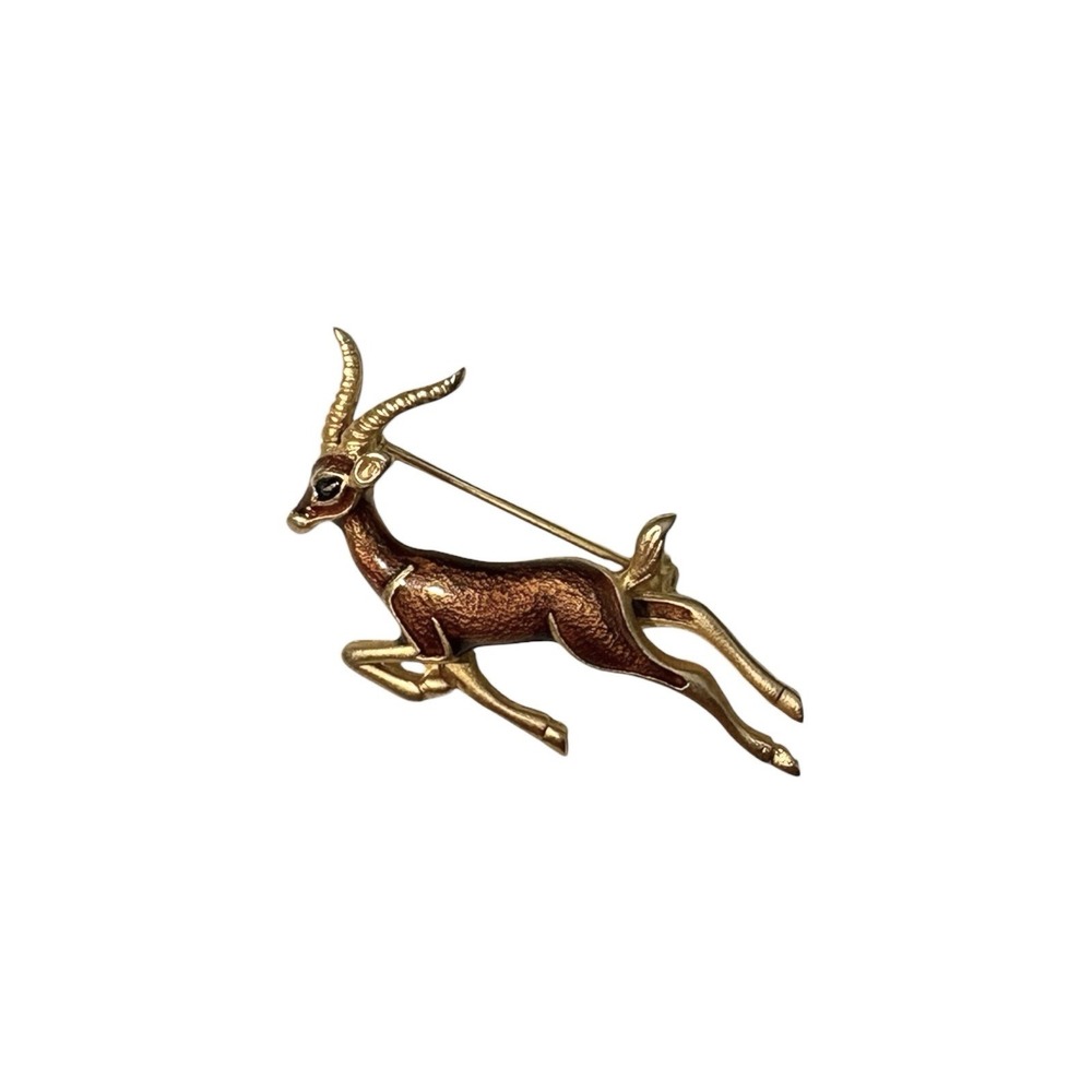 Vintage Gold Tone Brown Enamel Leaping Wild Gazelle Deer Brooch Pin